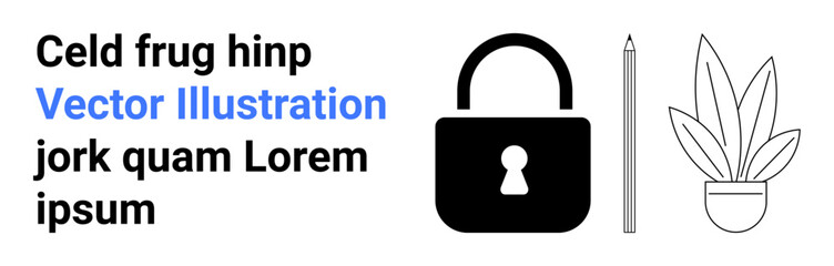 Lock, pencil, and potted plant symbolize security, creativity, and balance. Ideal for tech, privacy, work-life balance, productivity minimalism educational content flat landing page banner