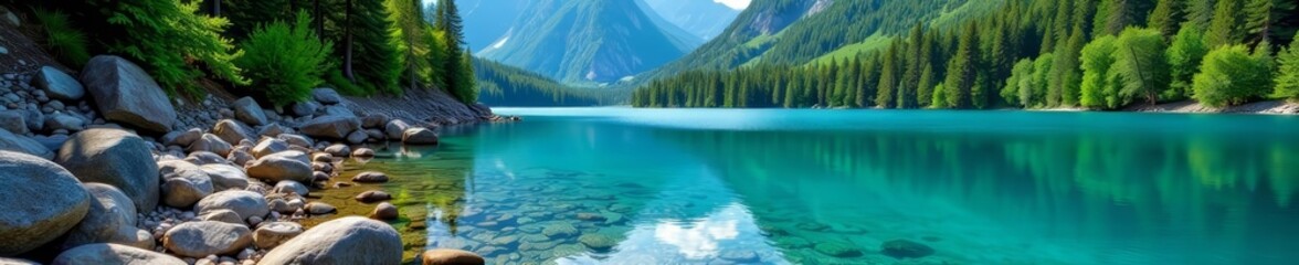 Clear blue water of mountain lake with rocky shore and green forest backdrop, outdoor, landscape, environment