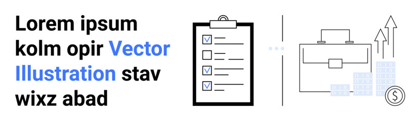 Clipboard checklist, briefcase, upward arrows, and bar graphs highlight task organization and financial growth. Ideal for planning, productivity, business, finance, career workflow simple landing