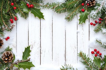 Christmas Border with Fir Branches, Holly Berries, and Snow on White Wood