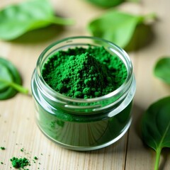 Close up of a jar filled with spirulina powder and spinach leaves, spinach, spirulina, powder