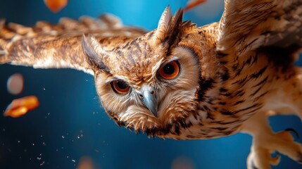 Brown and Tan Owl in Flight Against Dark Blue Background