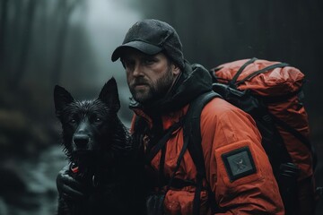 Man and Dog in Rainy Forest