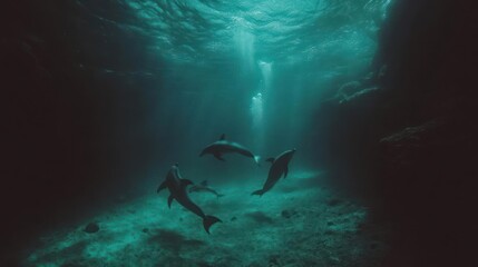 Fototapeta premium Three Dolphins Swimming in Dark Teal Ocean Sunlight