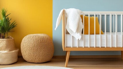 Minimalist Nursery Decor: White Crib in Yellow and Blue Room
