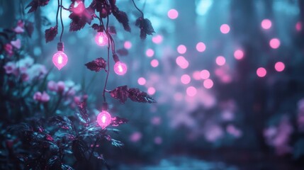 Enchanted Forest Night Scene with Pink and Blue Lights