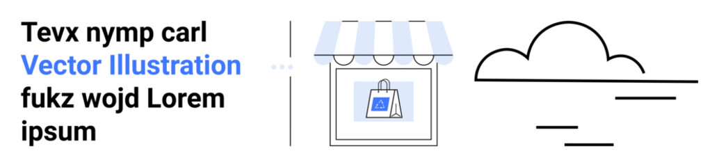 Storefront with striped awning displayed beside a minimalist cloud design. Ideal for retail, shopping, small business, branding, online store, weather concept, simple landing page