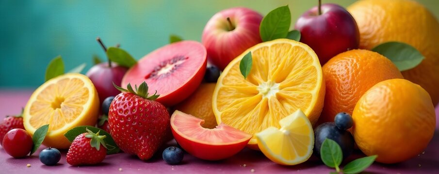 Close-up of assorted exotic tropical fruits on a vibrant background, diet, healthy, exotic