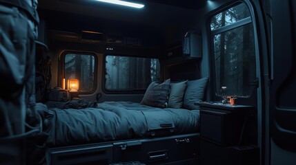 Cozy Camper Van Interior at Night with Forest View