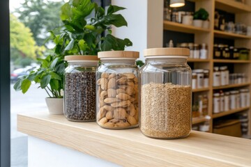 Glass Jars of Coffee Beans, Nuts, and Grains on Wooden Shelf