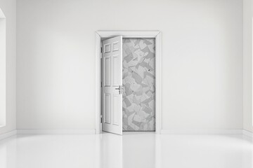 White door slightly open revealing a blocked passage with a creative concrete texture.