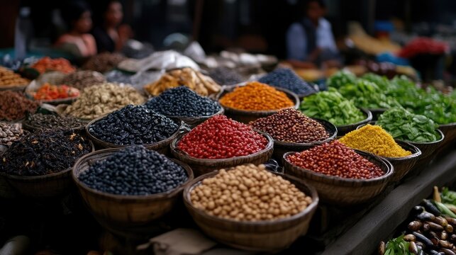 Vibrant display of assorted spices and herbs in baskets at a bustling market