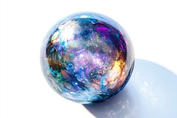 A mesmerizing glass sphere encapsulating a vibrant, swirling cosmos of blues, purples, and golds.