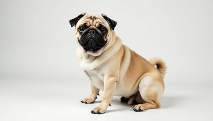 A single pug poses in a clean, white studio setting , stock image, animal photography