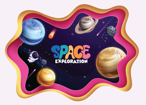 Solar system space exploration clipart design. Space exploration text clip art in white, yellow and pink paper cut background for travel adventure poster card template vector illustration.
