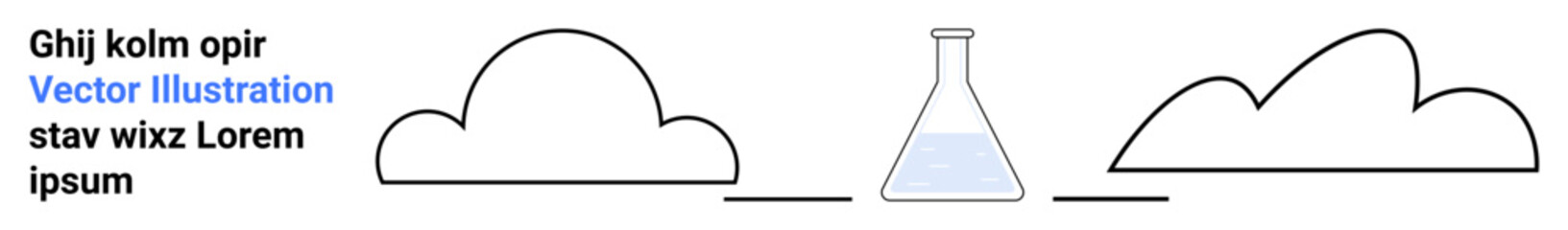 Laboratory flask with liquid between curved cloud outlines, clean layout, ideal for education, research, STEM, innovation, learning, knowledge sharing, or simple landing page