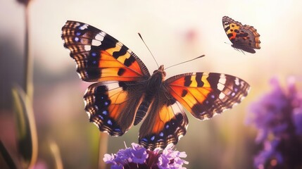 Obraz premium Closeup of Two Colorful Butterflies in a Vibrant Garden on a Sunny Spring Day