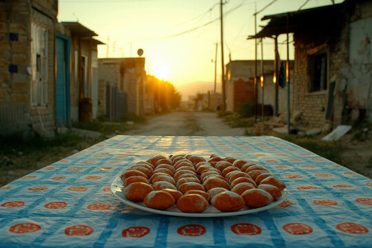 Sunset Glow Over Traditional Plate of Desserts on Rustic Table in Quiet Village Street