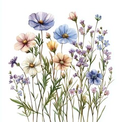 Isolated on white background A vibrant collection of wildflowers in bloom.