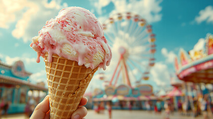 A child holding a giant ice cream cone on a sunny day