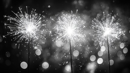 A black and white image of sparklers illuminating the night with a bokeh background.