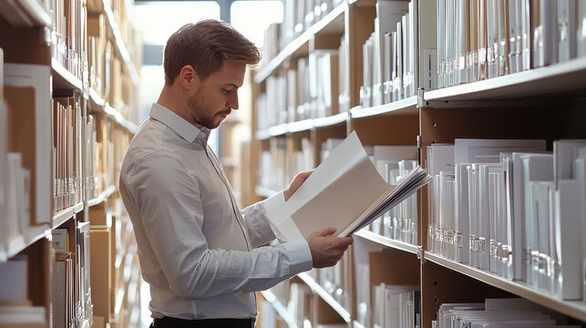 Organized accountant reviewing documents in modern office library, showcasing professionalism and focus
