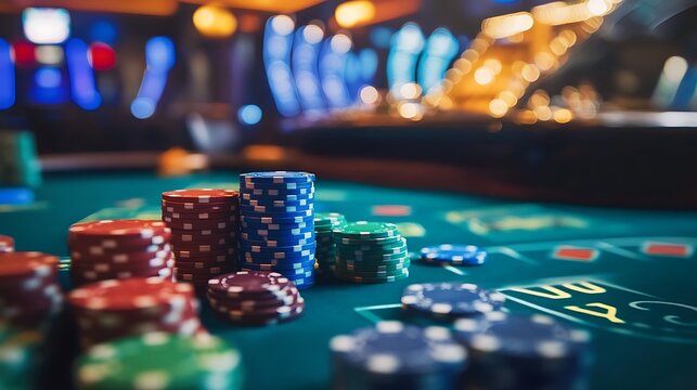 Casino Night: Stacks of Poker Chips on a Green Felt Table