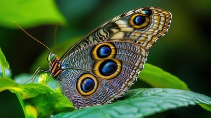 Fototapeta premium Colorful Butterfly Perched on Green Leaves in Lush Tropical Environment with Detailed Patterns