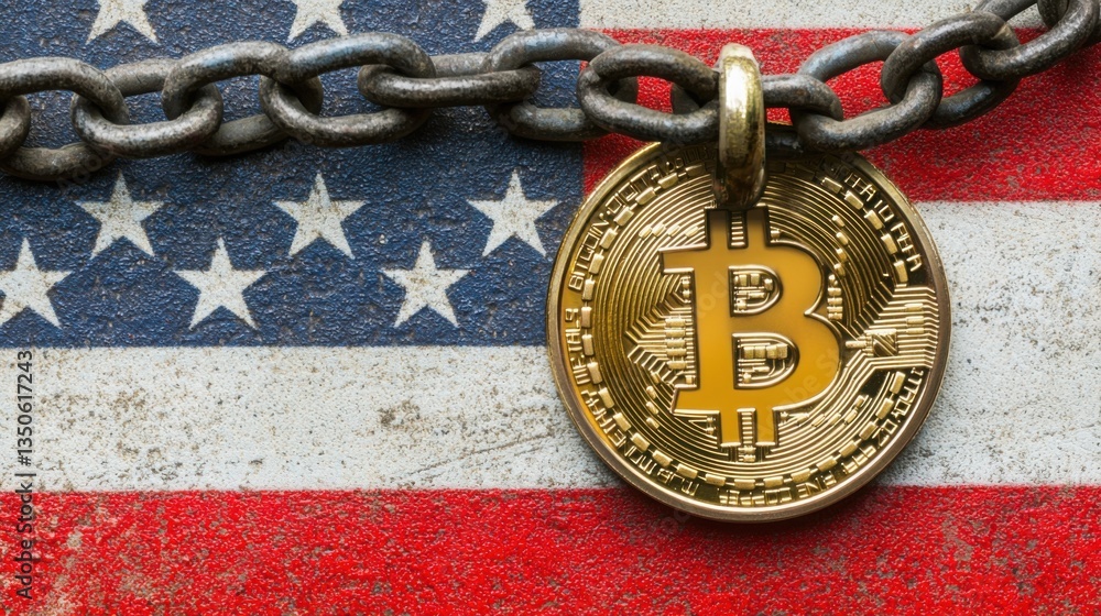 Poster a bitcoin coin attached to a chain illustrating the connection between digital currency and blockcha