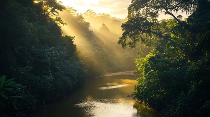 Sunlight streams through lush jungle foliage over a tranquil river