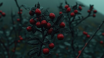 Lush red berries on a misty branch