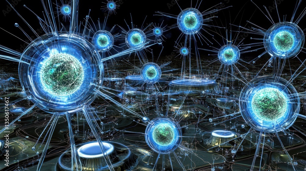 Poster a cluster of blue and green spheres representing the dynamic nature of blockchain technology in busi