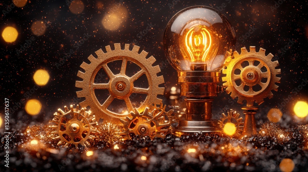 Poster bright light bulb surrounded by interlocking gears representing the concept of business automation a