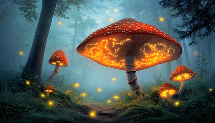 Glowing Mushrooms with Enchanting Forest Path.