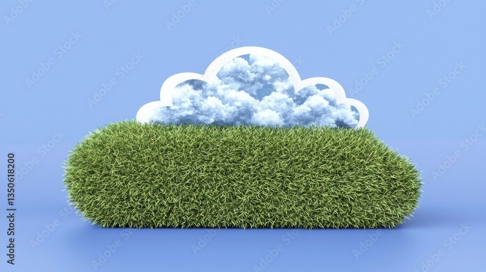Poster green grass covered in a cloud depicting the harmony between nature and cloud-based ai trading simul
