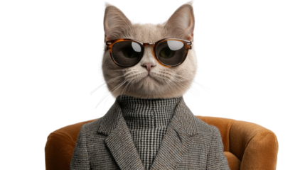 Stylish Cat in Sunglasses and Suit Posing Elegantly on a Chair