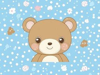 Cute teddy bear illustration on light blue background with snowflakes and flowers