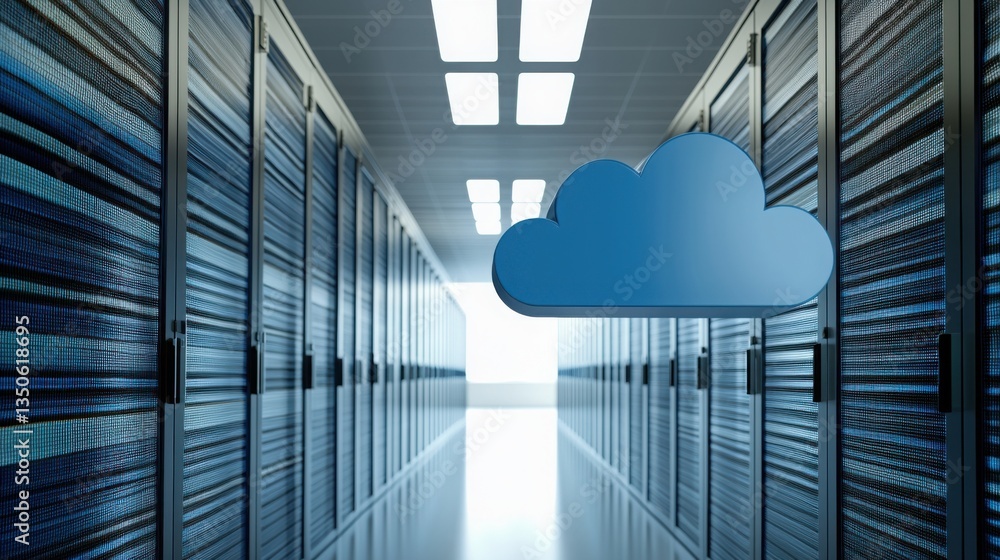 Poster a cloud positioned inside a server room illustrating the intersection of cloud computing and busines