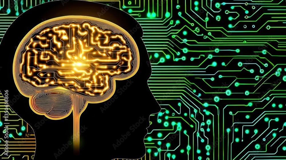 Poster human head silhouette with circuit pattern in the background representing computer vision and neural