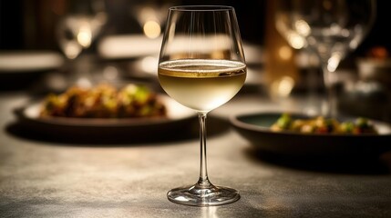 Elegant Glass Of White Wine On Table Surrounded By Gourmet Dishes In Cozy Restaurant Atmosphere