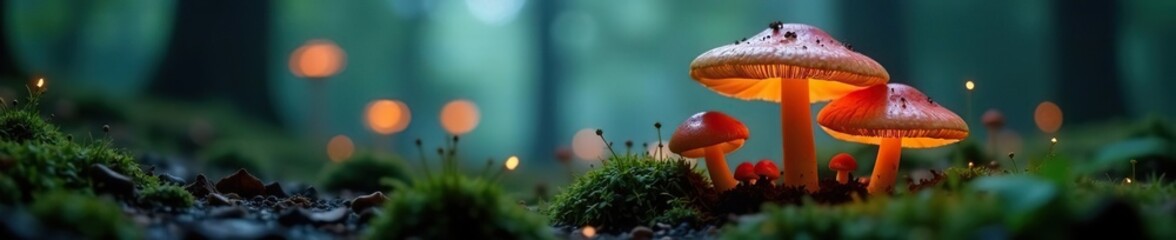 Fototapeta premium Softly glowing mushrooms in a misty forest atmosphere, earthy, subtle, texture