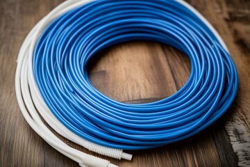 Close-up of Blue and White Tubing Coils on Wood