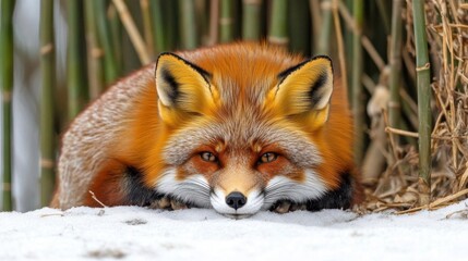 Obraz premium Elegant Red Fox Resting on Snowy Ground Surrounded by Tall Grass in a Winter Landscape