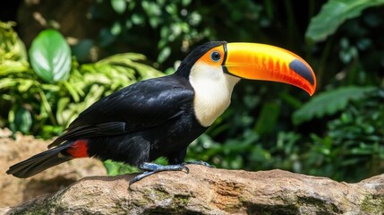 Naklejka premium Colorful Toucan Perched on Rock Surrounded by Lush Green Foliage in a Tropical Environment