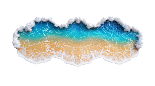 Ocean Wave Splash on Sandy Beach with Blue Sky Background