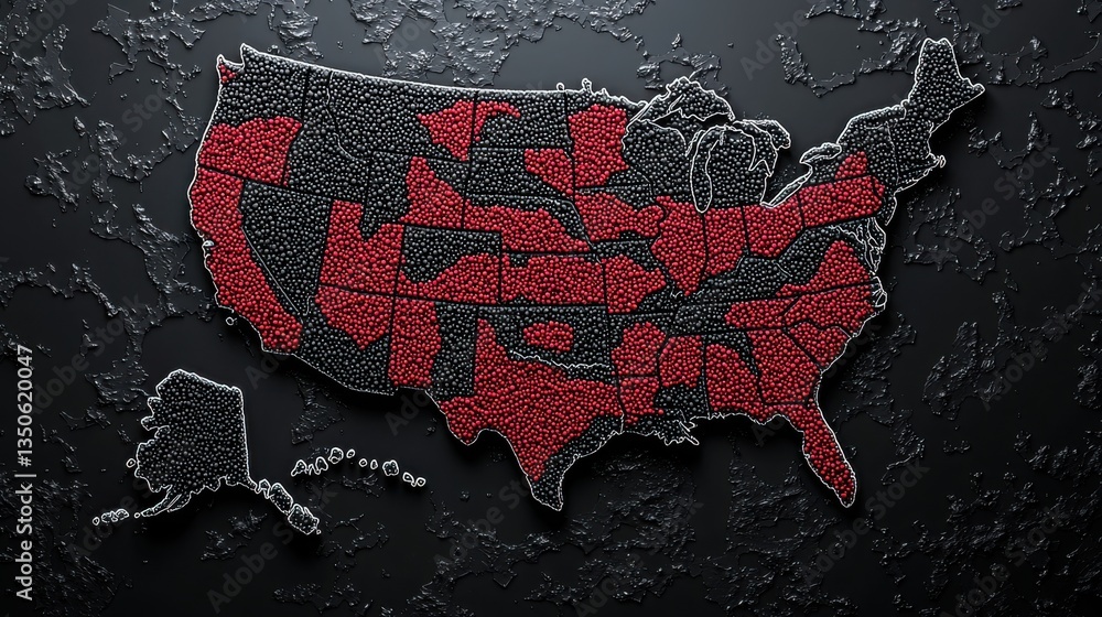 Poster map of the united states highlighted with red dots indicating market sentiment analysis using deep l