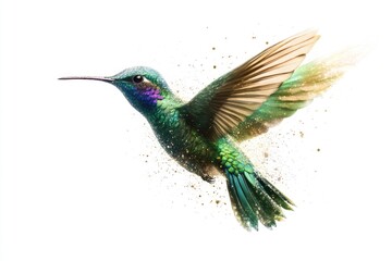 Fototapeta premium A vibrant hummingbird in flight, wings spread, showcasing iridescent green and gold feathers against a white background.