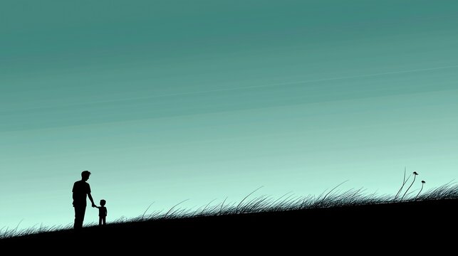 Silhouetted Father and Child Holding Hands at Sunset on a Grassy Hill with Minimalist Design, Fathers Day Celebration Illustration with Copy Space