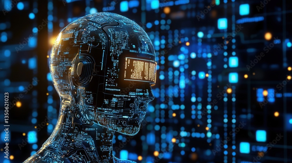 Poster robot head featuring intricate circuitry in the background symbolizing evolutionary algorithms and i