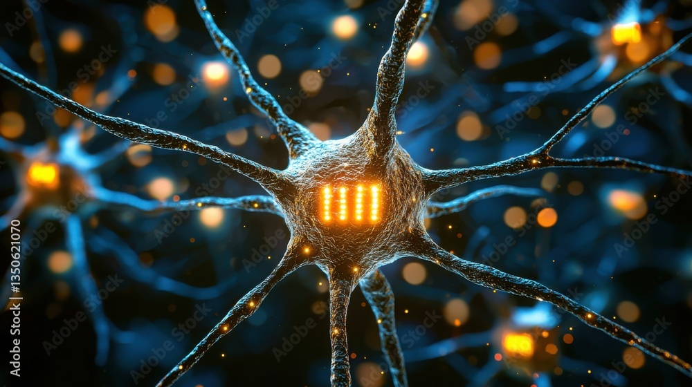 Poster close-up image of a neuron's nerve cell structure highlighting synapses and dendrites in biological 